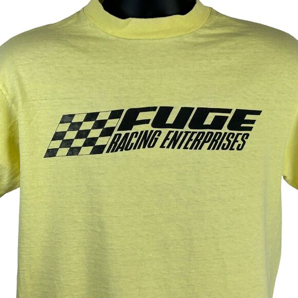 Vintage Dave Fuge Racing Enterprises T Shirt Mens Large 80s Motorsports Yellow - Picture 1 of 8